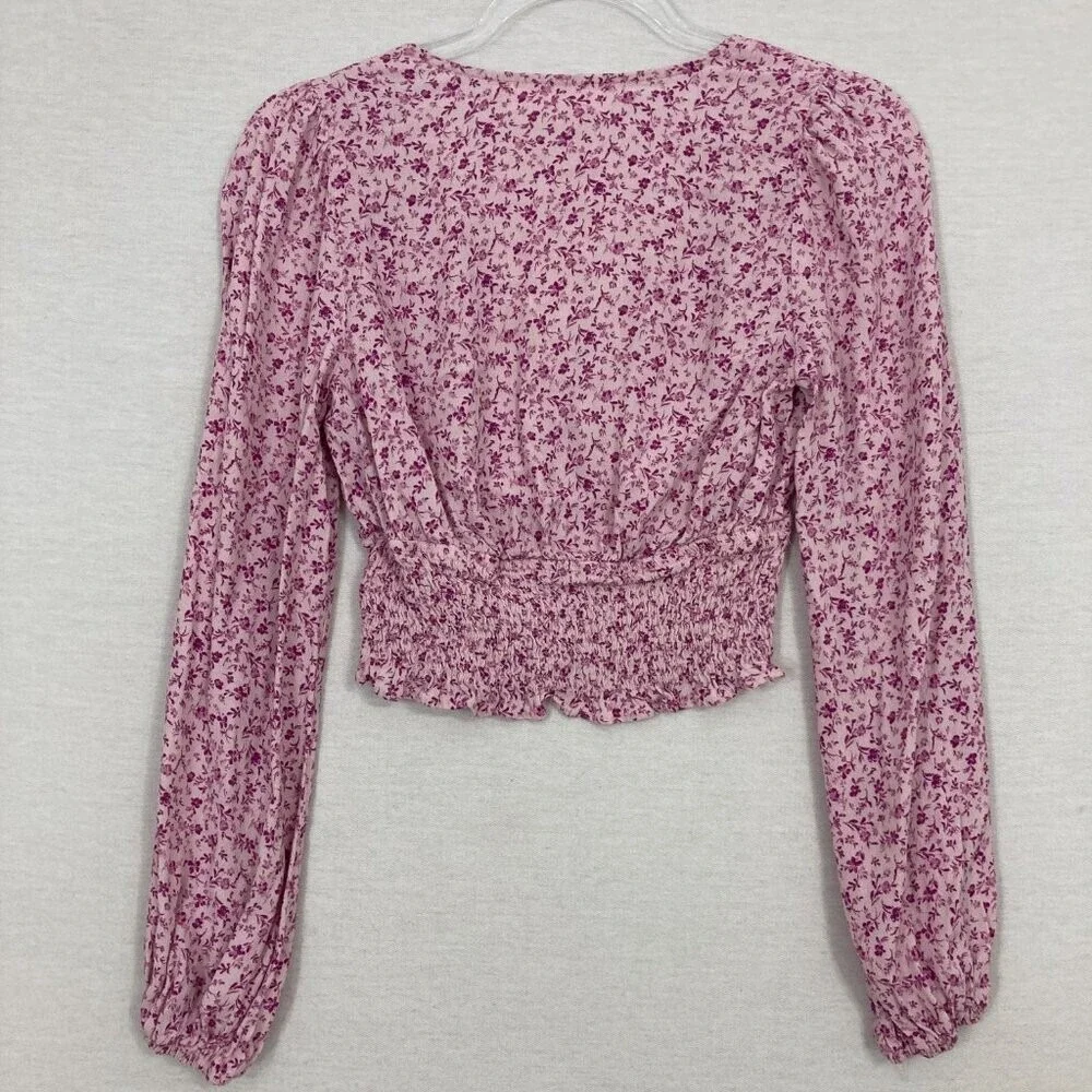 ASTR Purple Ditsy Floral Lace Mock Detail Puff Sleeve Crop Top Small‎